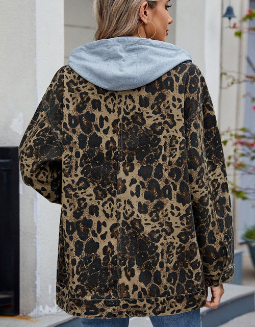 Load image into Gallery viewer, Leopard Button Up Drop Shoulder Denim Jacket
