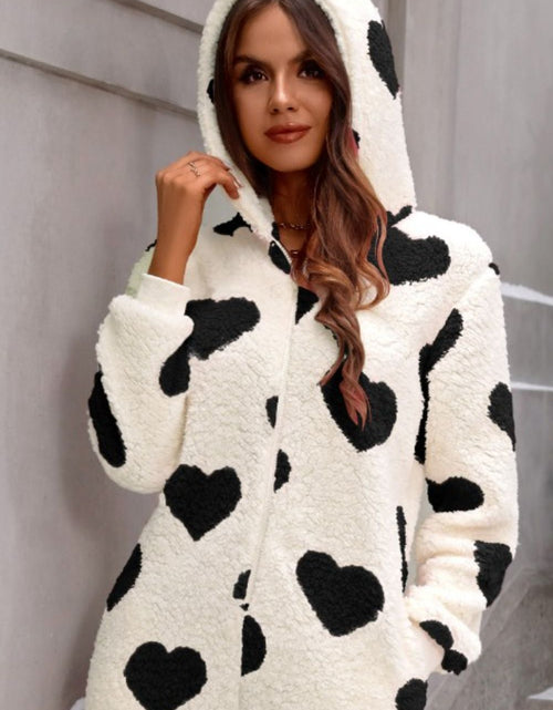Load image into Gallery viewer, Fuzzy Heart Zip Up Hooded Lounge Jumpsuit

