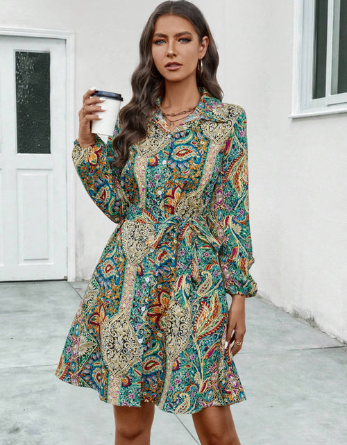 Load image into Gallery viewer, Printed Collared Neck Long Sleeve Dress
