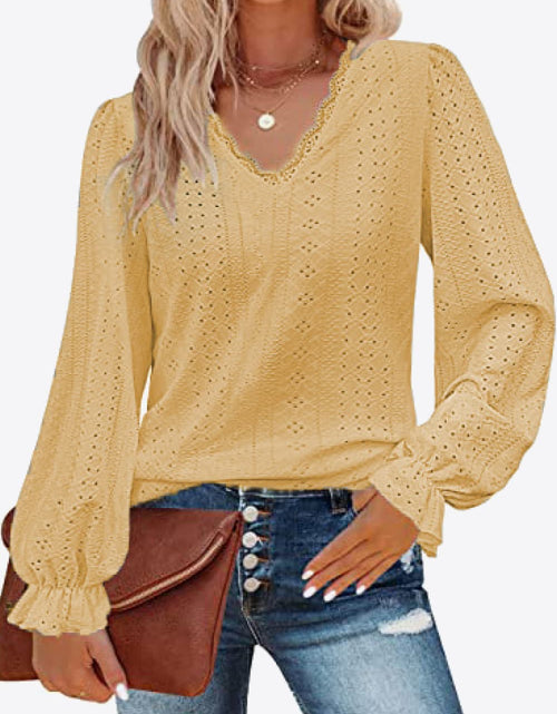 Load image into Gallery viewer, Eyelet V-Neck Flounce Sleeve Blouse
