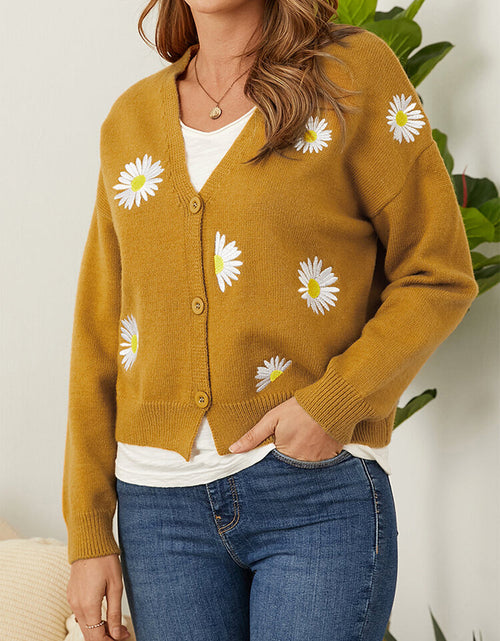 Load image into Gallery viewer, Flower Button Front Dropped Shoulder Cardigan
