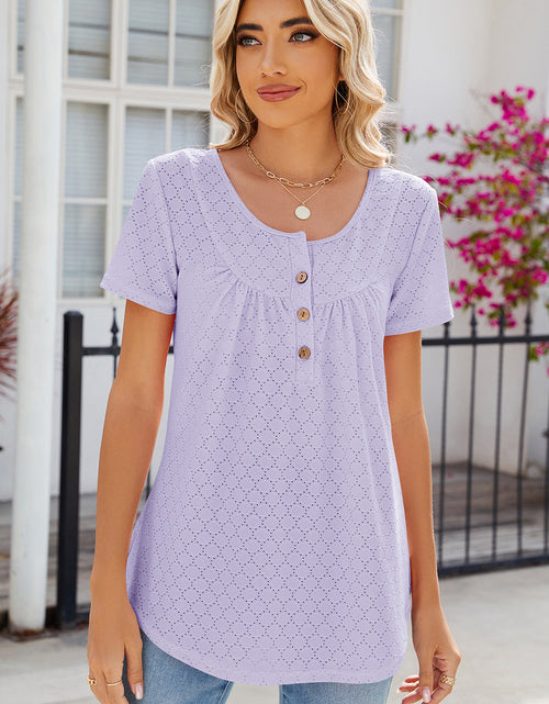 Load image into Gallery viewer, Eyelet Quarter Button Short Sleeve T-Shirt
