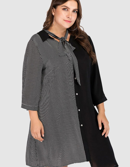 Load image into Gallery viewer, Plus Size Striped Color Block Tie-Neck Dress
