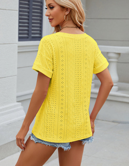 Load image into Gallery viewer, Eyelet V-Neck Short Sleeve T-Shirt
