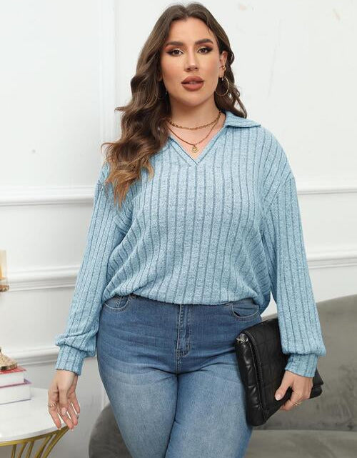 Load image into Gallery viewer, Plus Size Ribbed Collared Neck Long Sleeve Blouse
