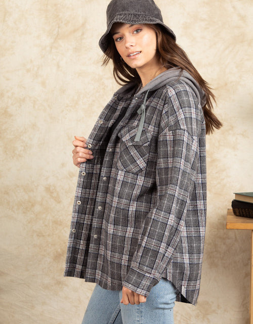 Load image into Gallery viewer, Drawstring Plaid Long Sleeve Hooded Jacket
