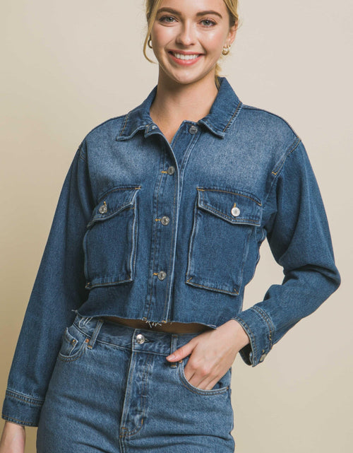 Load image into Gallery viewer, Love Tree Raw Hem Button Up Cropped Denim Jacket
