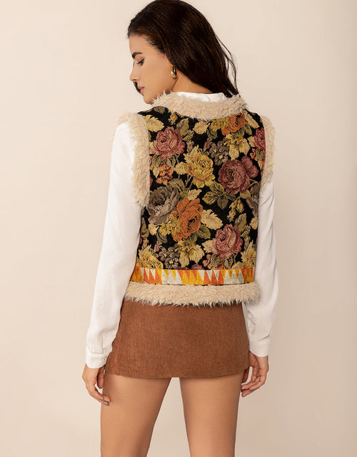 Load image into Gallery viewer, Embroidered Fuzzy Trim Open Front Vest Coat
