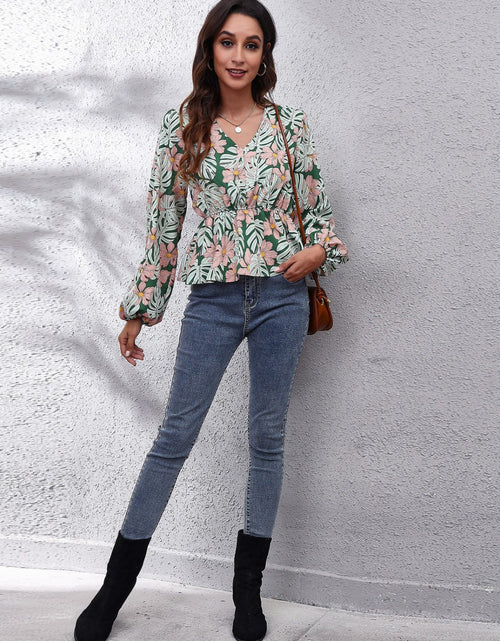 Load image into Gallery viewer, Floral V-Neck Balloon Sleeve Peplum Blouse

