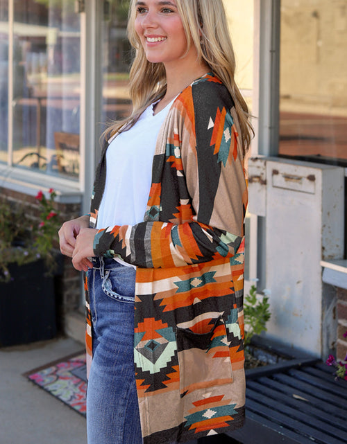 Load image into Gallery viewer, Geometric Open Front Long Sleeve Cardigan with Pockets
