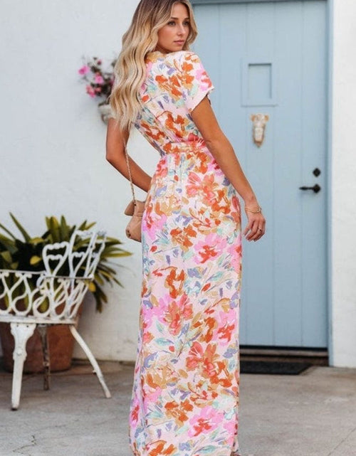 Load image into Gallery viewer, Printed Surplice Short Sleeve Tie Waist Maxi Dress

