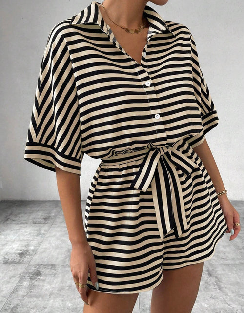 Load image into Gallery viewer, Tie Waist Half Button Striped Romper
