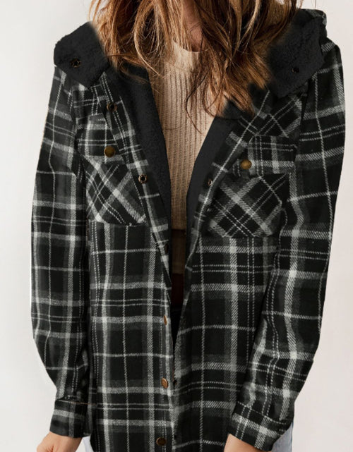 Load image into Gallery viewer, Plaid Button Up Long Sleeve Hooded Jacket
