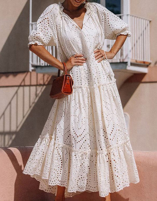 Load image into Gallery viewer, Tie Neck Half Sleeve Tiered Dress
