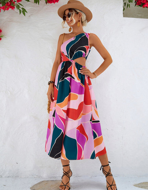 Load image into Gallery viewer, Printed Cutout One-Shoulder Sleeveless Dress
