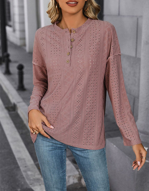 Load image into Gallery viewer, Perfee Eyelet Round Neck Long Sleeve Top
