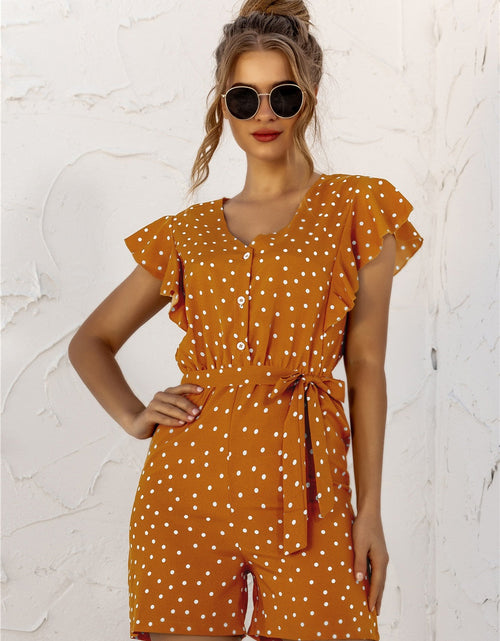 Load image into Gallery viewer, Ruffled Polka Dot Half Button Romper

