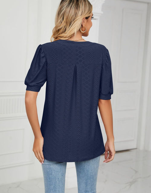 Load image into Gallery viewer, Eyelet Short Puff Sleeve Notched Neck Top
