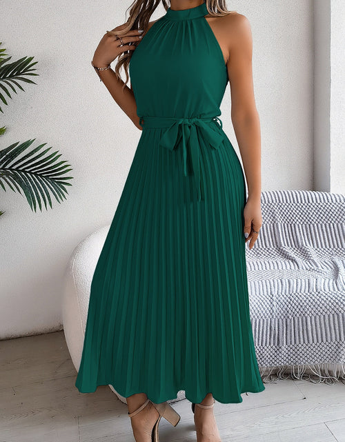 Load image into Gallery viewer, Grecian Neck Tie Waist Pleated Dress
