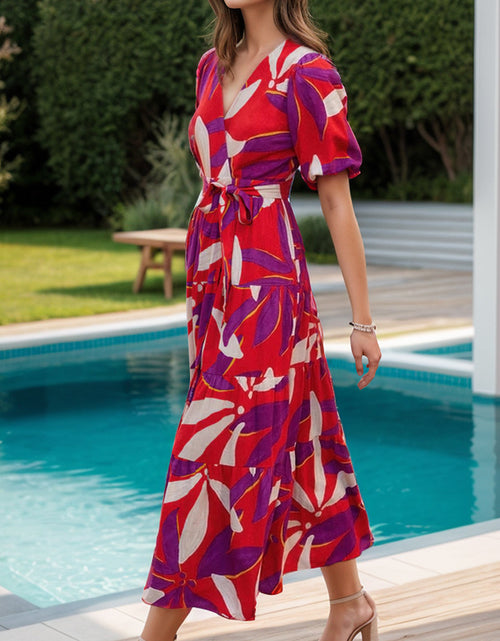 Load image into Gallery viewer, Tied Slit Printed Half Sleeve Midi Dress
