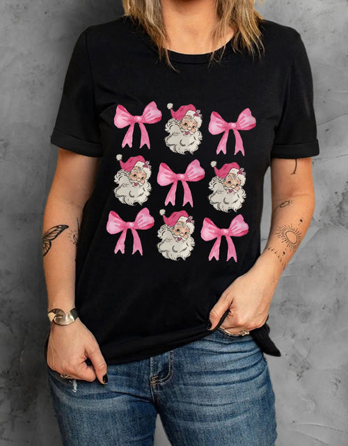 Load image into Gallery viewer, Santa &amp; Bow Graphic Round Neck Short Sleeve T-Shirt
