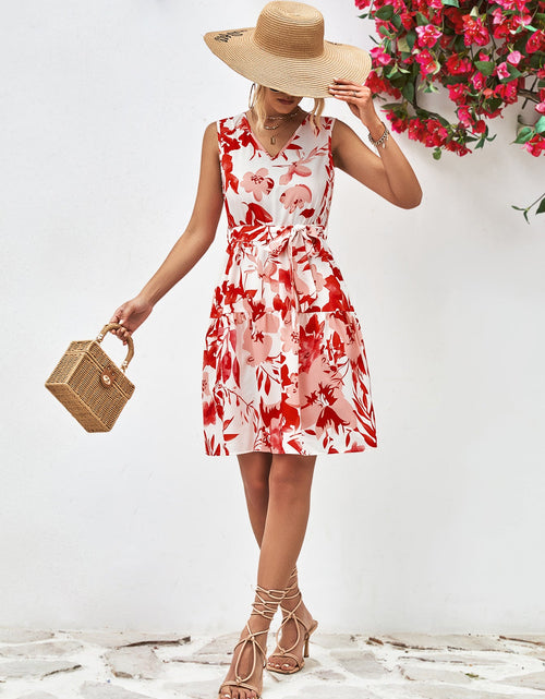 Load image into Gallery viewer, Floral V-Neck Tie Waist Sleeveless Dress
