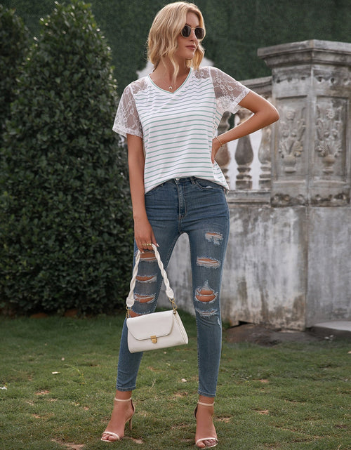 Load image into Gallery viewer, Ivy Lane Lace Detail Striped V-Neck T-Shirt
