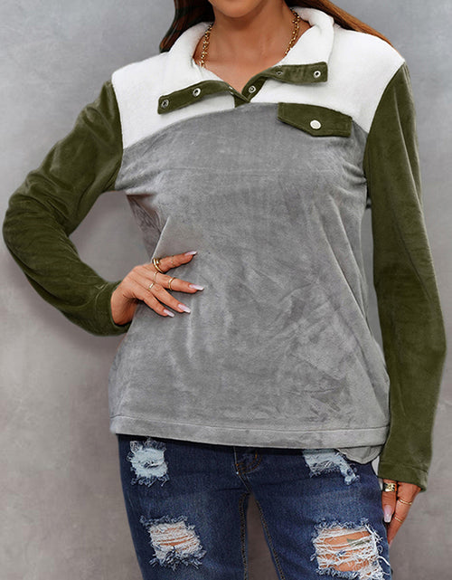 Load image into Gallery viewer, Shiny Color Block Collared Sweatshirt with Pockets
