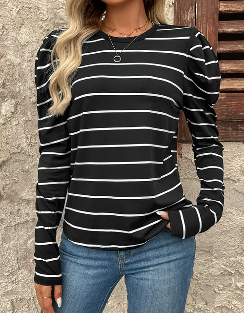 Load image into Gallery viewer, Full Size Striped Round Neck Puff Sleeve T-Shirt
