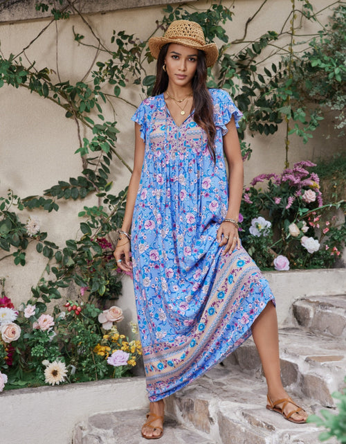 Load image into Gallery viewer, Ruffled Printed Tie Neck Cap Sleeve Dress
