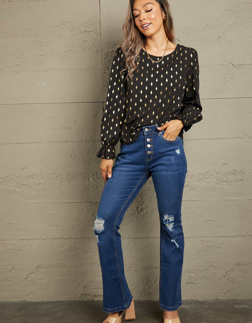 Load image into Gallery viewer, Perfee Printed Round Neck Flounce Sleeve Blouse

