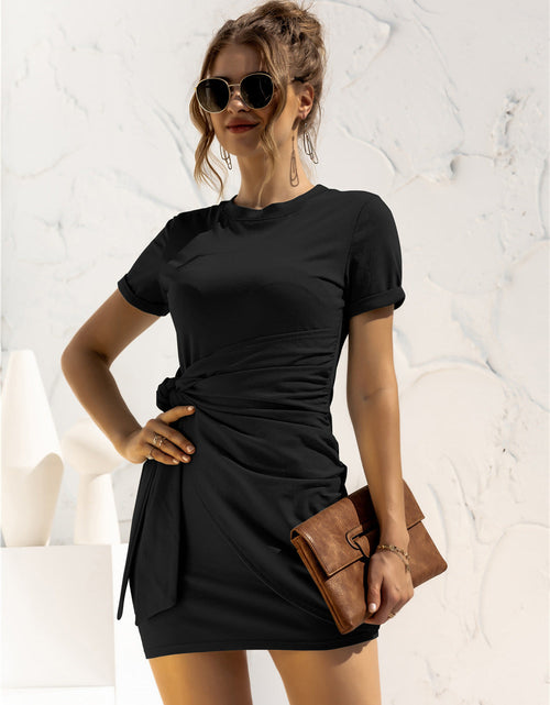 Load image into Gallery viewer, Round Neck Cuffed Sleeve Side Tie Dress
