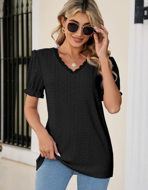 Load image into Gallery viewer, Eyelet Flounce Sleeve Scalloped V-Neck Top
