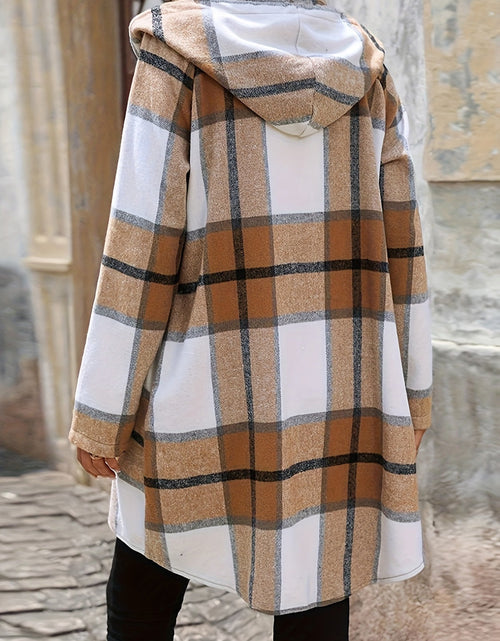 Load image into Gallery viewer, Drawstring Plaid Zip Up Hooded Outerwear

