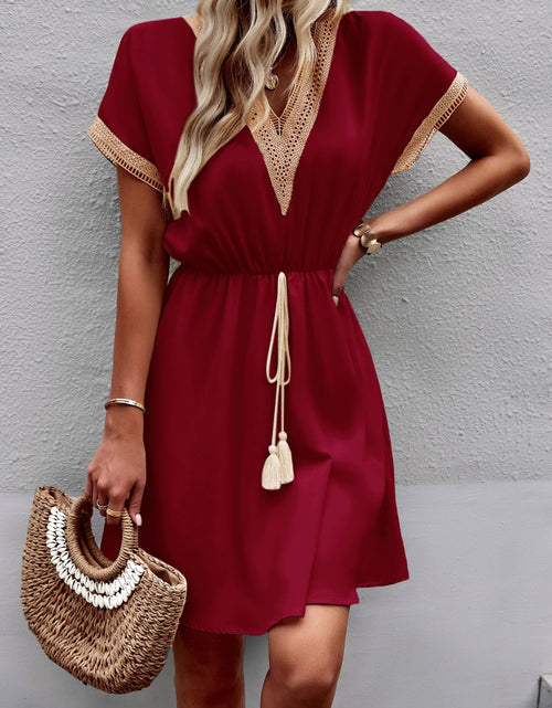 Load image into Gallery viewer, Devine Contrast Trim V-Neck Short Sleeve Mini Dress
