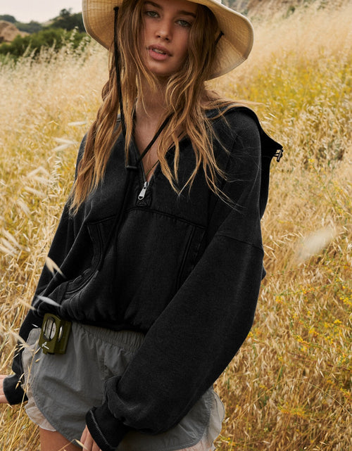 Load image into Gallery viewer, Half Zip Pocketed Dropped Shoulder Hoodie
