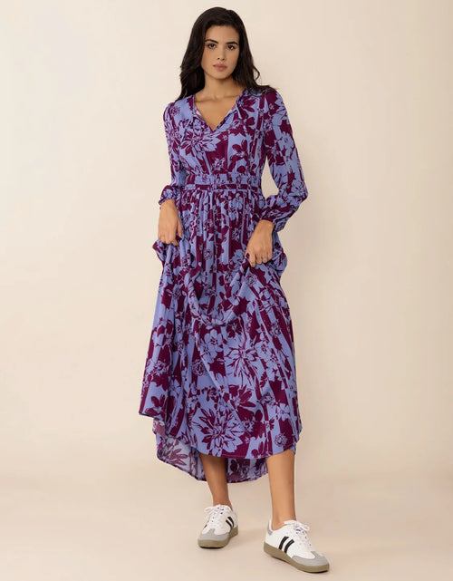 Load image into Gallery viewer, Printed Tie Neck Balloon Sleeve Maxi Dress
