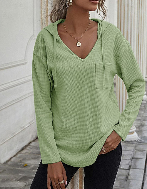 Load image into Gallery viewer, Drawstring Waffle Knit Long Sleeve Hooded Top
