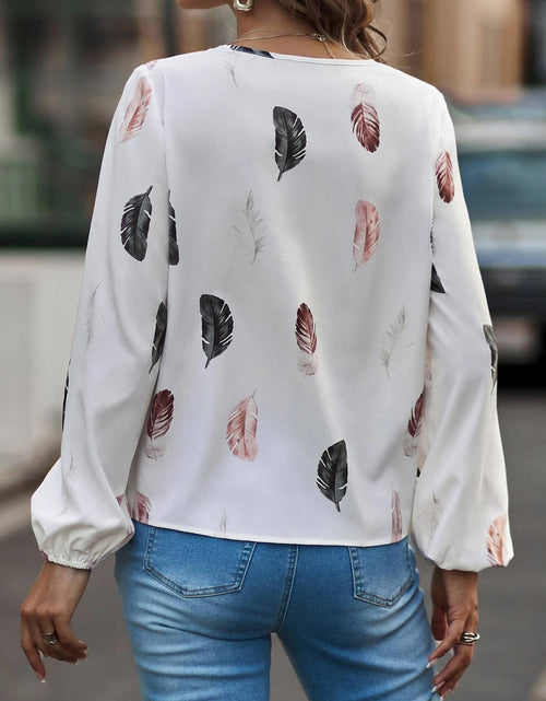 Load image into Gallery viewer, Feather Print Notched Balloon Sleeve Top
