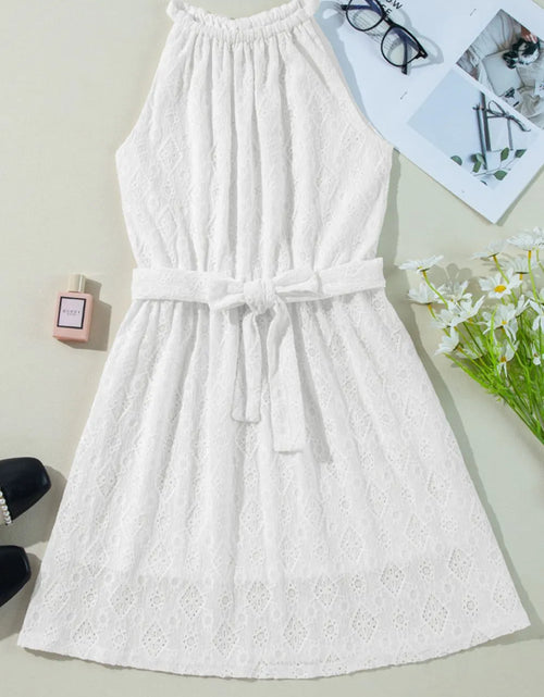 Load image into Gallery viewer, Lace Sleeveless Tied Waist Mini Dress
