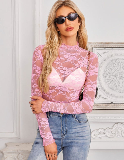 Load image into Gallery viewer, Mock Neck Long Sleeve Lace Sheer Top
