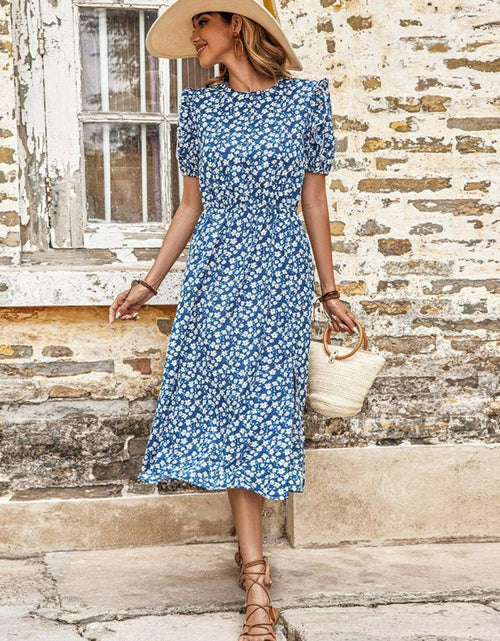 Load image into Gallery viewer, Perfee Floral Round Neck Split Midi Dress
