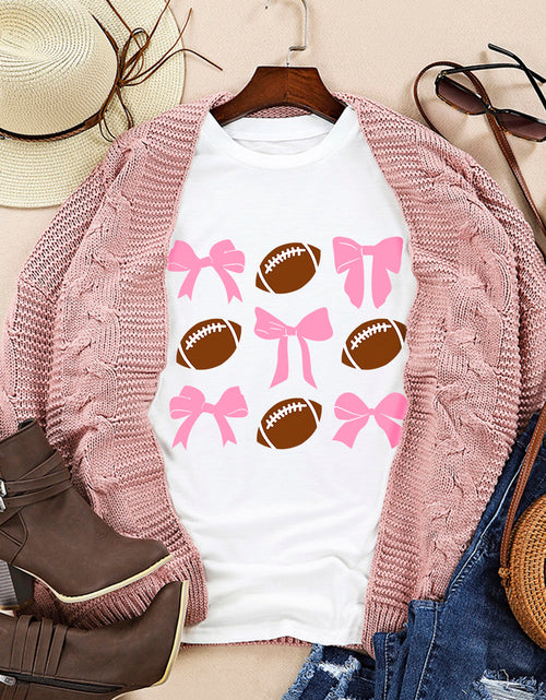Load image into Gallery viewer, Football &amp; Bow Round Neck Short Sleeve T-Shirt
