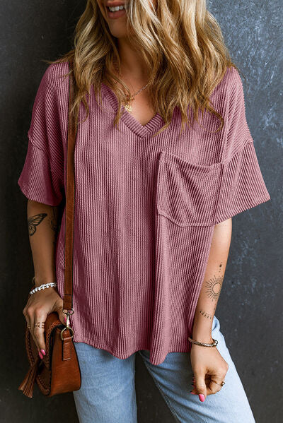 Load image into Gallery viewer, Textured V-Neck Dropped Shoulder T-Shirt
