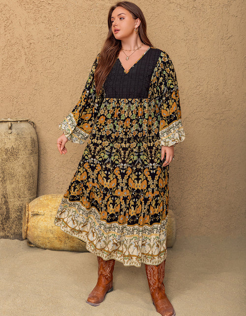 Load image into Gallery viewer, Plus Size Floral V-Neck Balloon Sleeve Midi Dress
