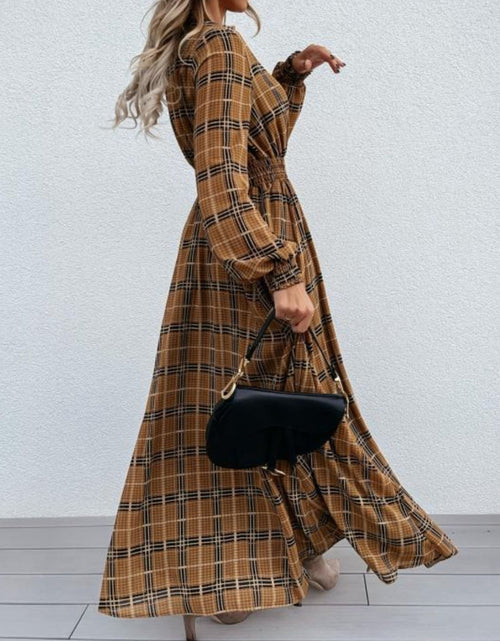 Load image into Gallery viewer, Slit Plaid Tie Neck Long Sleeve Maxi Dress

