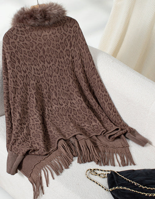 Load image into Gallery viewer, Fringe Leopard Open Front Long Sleeve Poncho
