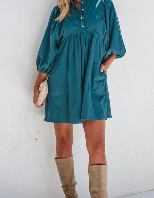 Load image into Gallery viewer, Corduroy Quarter Snap Three-Quarter Sleeve Dress
