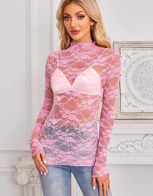 Load image into Gallery viewer, Mock Neck Long Sleeve Lace Sheer Top
