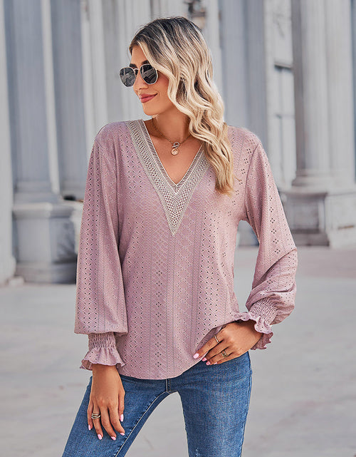 Load image into Gallery viewer, V-Neck Eyelet Flounce Sleeve Blouse

